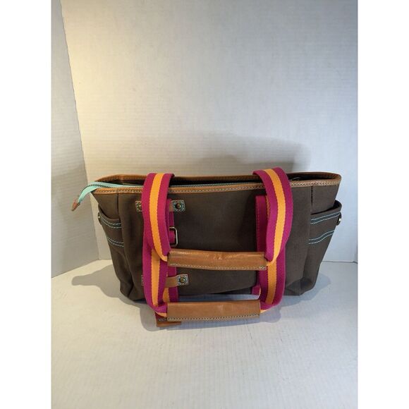 GAP 1969 Heavy Duty Brown Canvas Handbag Leather Trim Orange and Pink Stripes - Picture 16 of 16